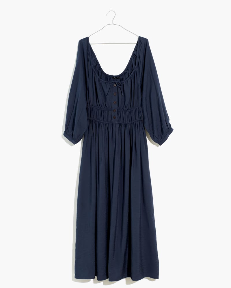 Front of a size 1X INDIE- DRAWSTRING MIDI DRESS in Navy by Madewell. | dia_product_style_image_id:215515